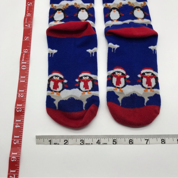 Blue Christmas Penguin Crew Socks Unisex Santa Hat Snow Winter Patterned Cute - Picture 5 of 8